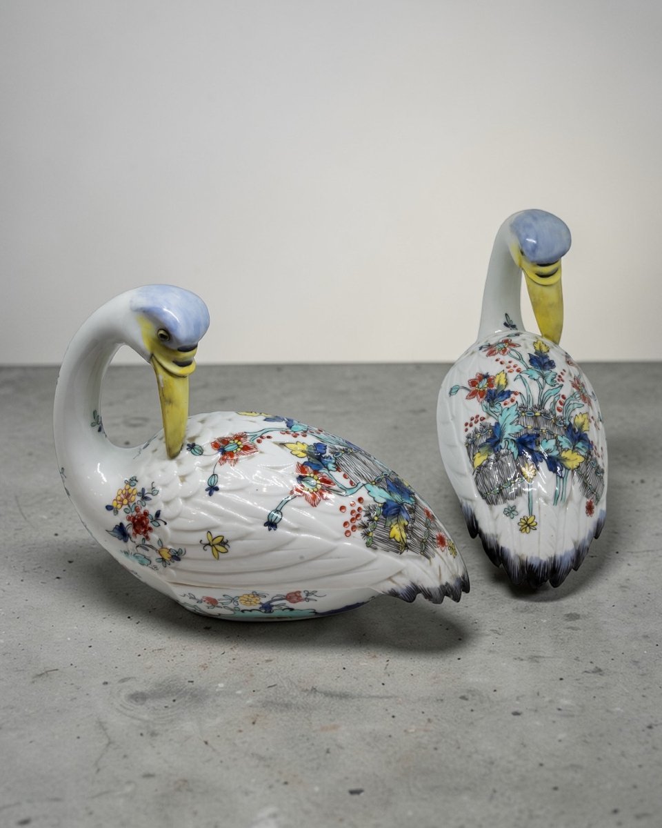 Samson - Coppia Di Cigni in Porcellana Policroma - Francia Inizio XX Secolo -photo-4